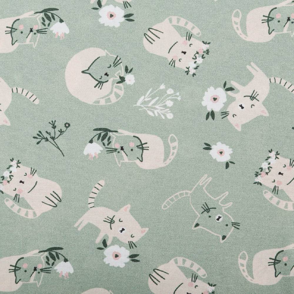 Schöner Leben Baumwollstoff Popeline Fine Poplin Digitaldruck CATS Katzen Blumen mint grün beige 1,45m Breite