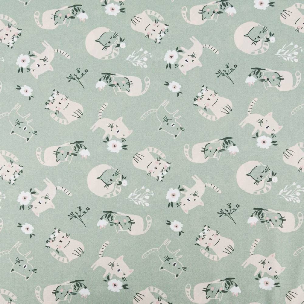 Schöner Leben Baumwollstoff Popeline Fine Poplin Digitaldruck CATS Katzen Blumen mint grün beige 1,45m Breite Zeitlich begrenztes Angebot