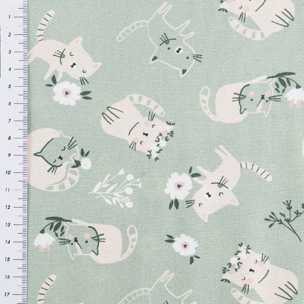 Schöner Leben Baumwollstoff Popeline Fine Poplin Digitaldruck CATS Katzen Blumen mint grün beige 1,45m Breite Zeitlich begrenztes Angebot