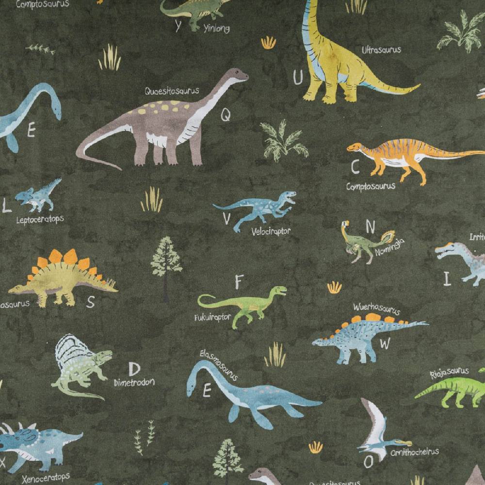 Schöner Leben Baumwollstoff Popeline Fine Poplin Digitaldruck Dinosaurier mit Namen grün bunt 1,45m Breite Exklusive Angebote