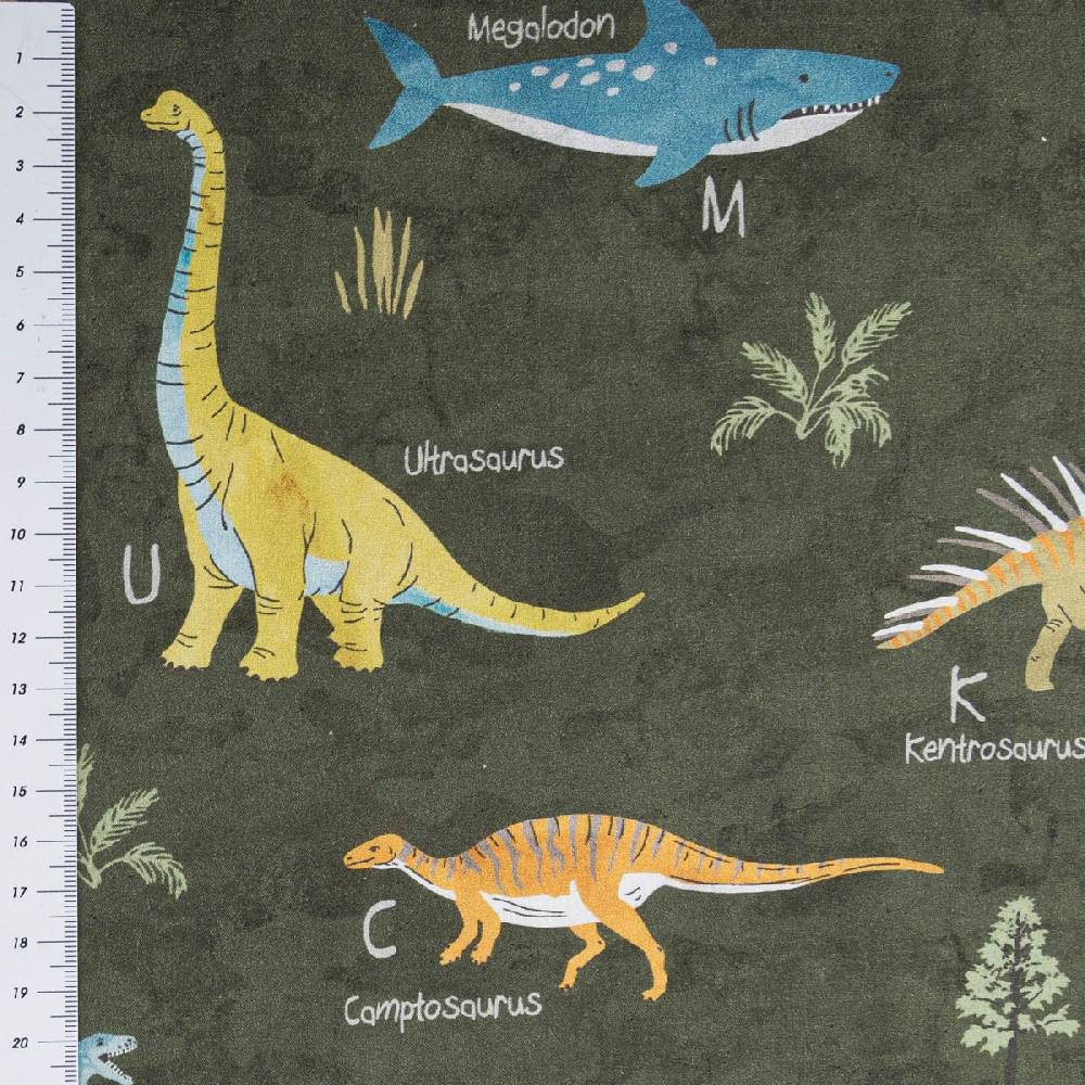 Schöner Leben Baumwollstoff Popeline Fine Poplin Digitaldruck Dinosaurier mit Namen grün bunt 1,45m Breite Exklusive Angebote