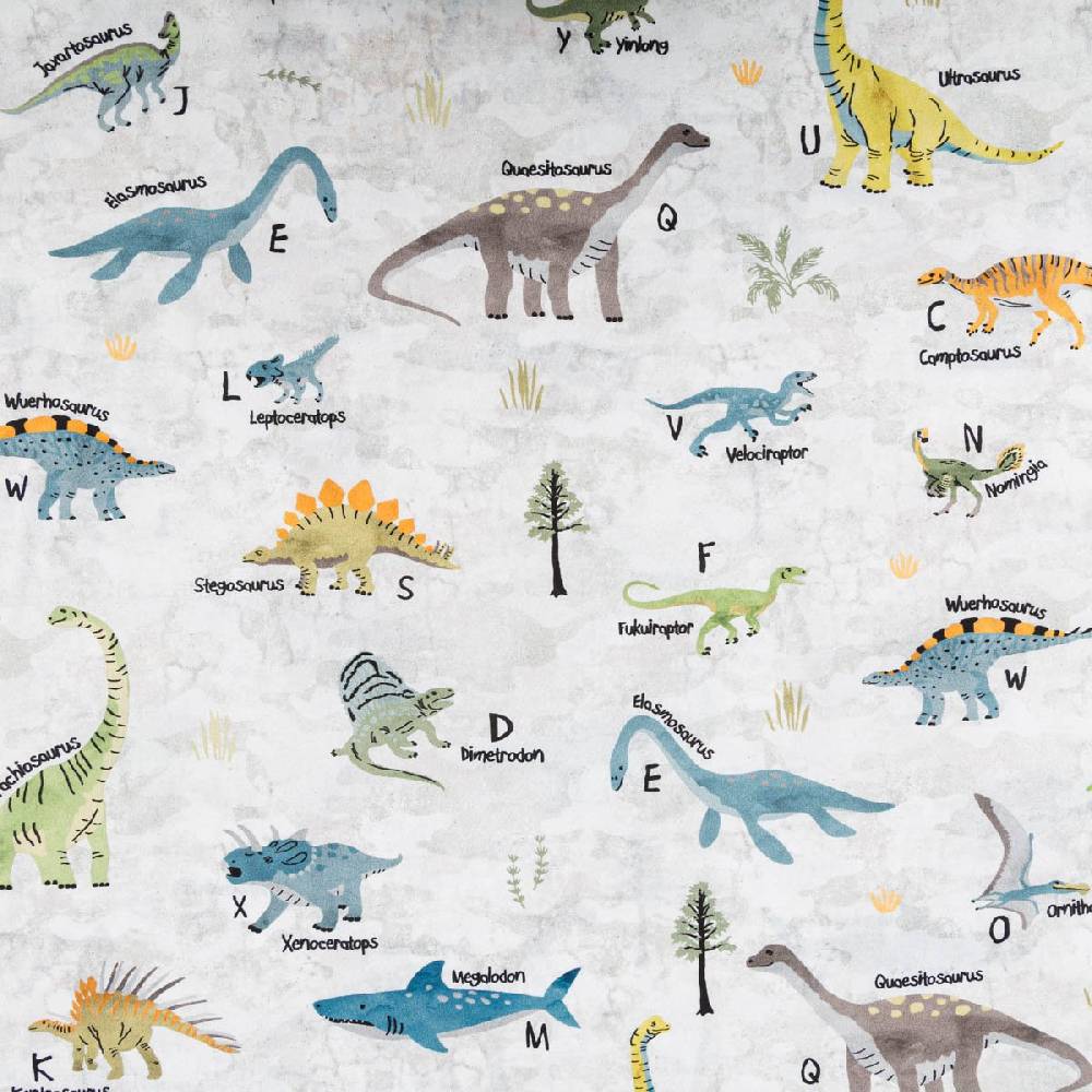 Schöner Leben Baumwollstoff Popeline Fine Poplin Digitaldruck Dinosaurier mit Namen offweiß bunt 1,45m Breite Blitzangebot