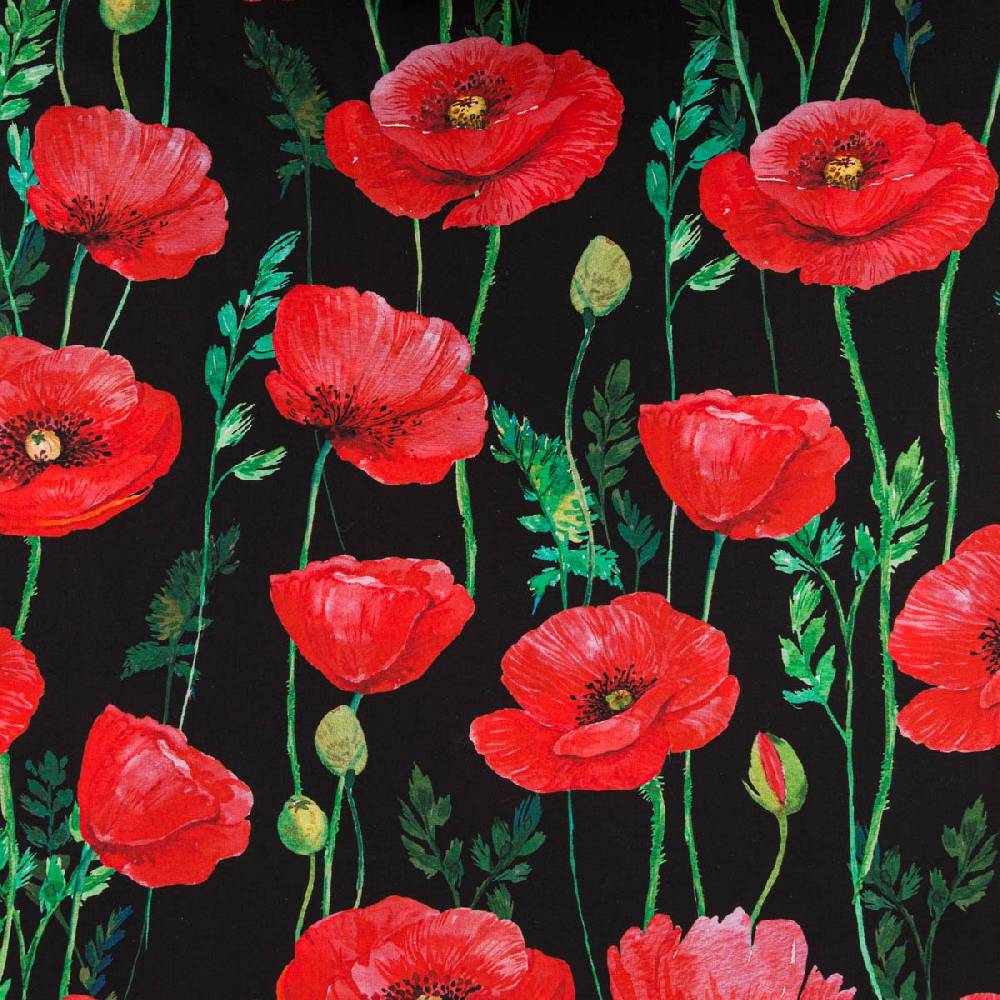 Schöner Leben Baumwollstoff Popeline Fine Poplin Digitaldruck POPPY FLOWERS Mohnblumen schwarz rot 1,45m Breite Große Rabatte