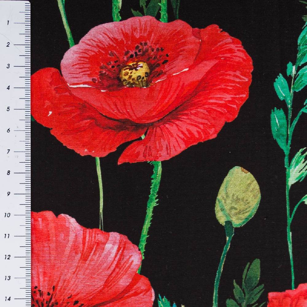 Schöner Leben Baumwollstoff Popeline Fine Poplin Digitaldruck POPPY FLOWERS Mohnblumen schwarz rot 1,45m Breite Große Rabatte