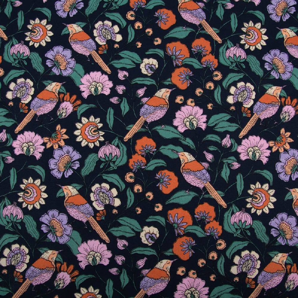 Schöner Leben Tischdeckenstoff abwaschbar Baumwollstoff beschichtet FLOWERS Blumen Vögel blau bunt 1,45m Breite Saisonale Angebote