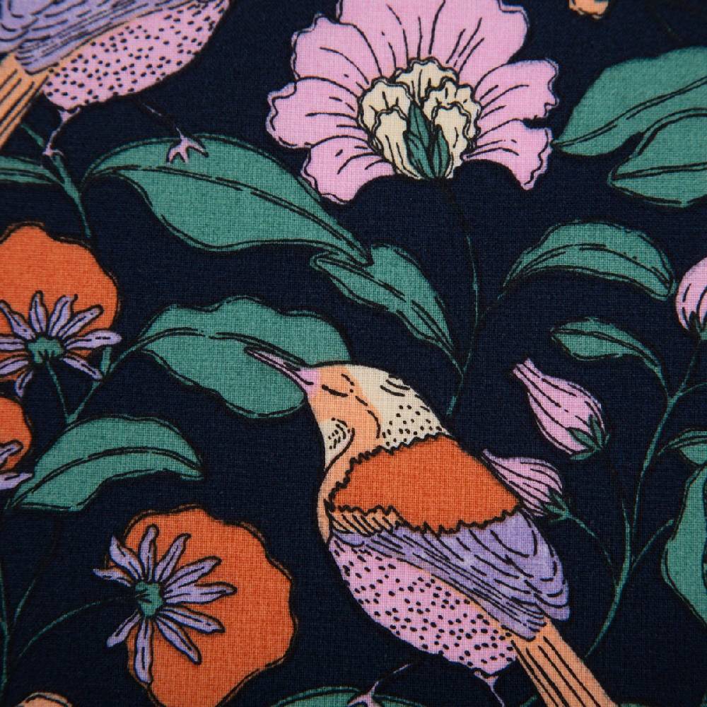 Schöner Leben Tischdeckenstoff abwaschbar Baumwollstoff beschichtet FLOWERS Blumen Vögel blau bunt 1,45m Breite Saisonale Angebote