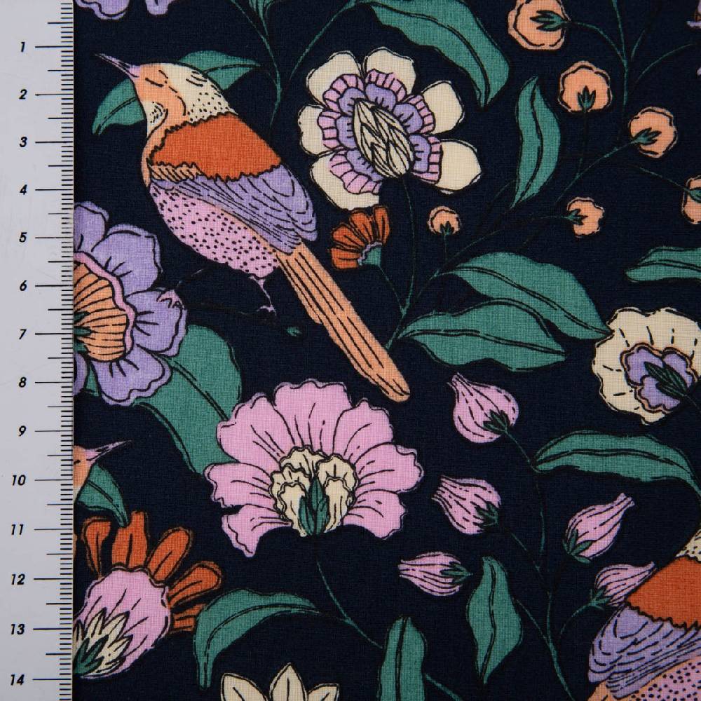 Schöner Leben Tischdeckenstoff abwaschbar Baumwollstoff beschichtet FLOWERS Blumen Vögel blau bunt 1,45m Breite Saisonale Angebote