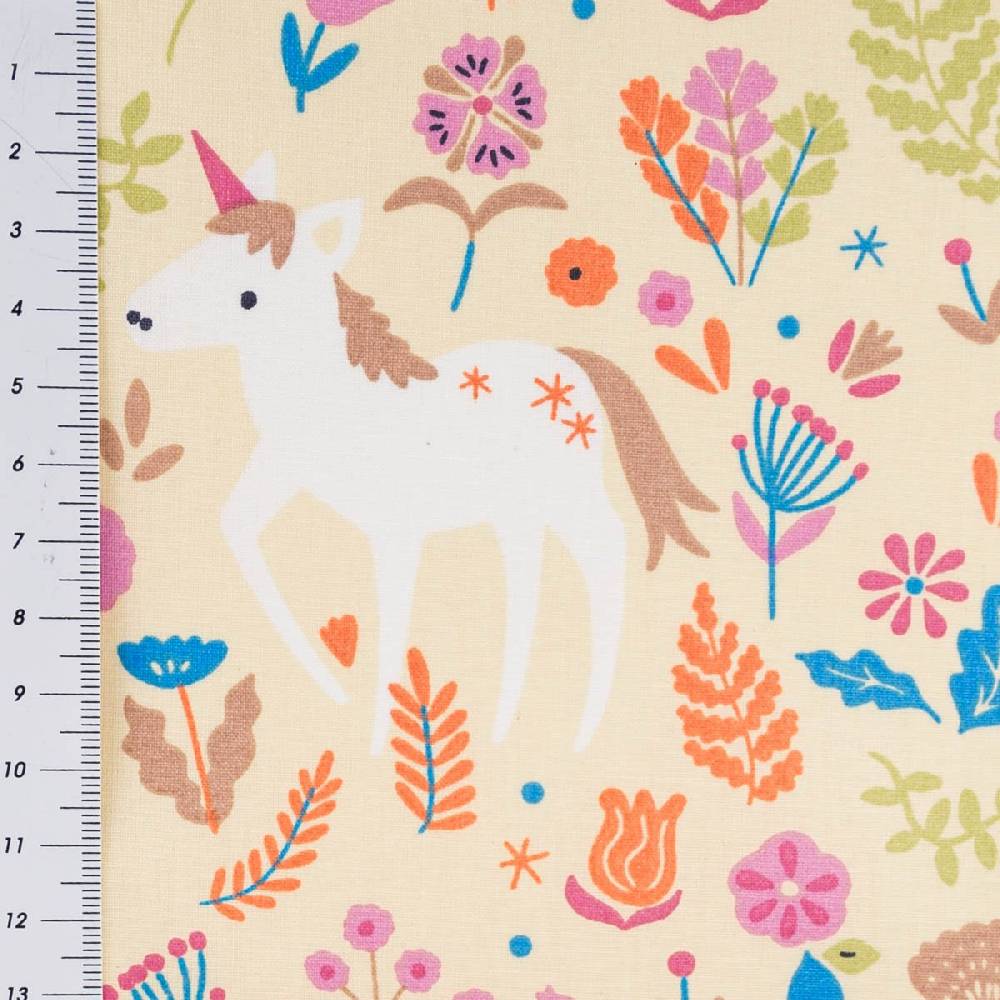 Schöner Leben Tischdeckenstoff abwaschbar Baumwollstoff beschichtet JOLICORN Einhorn Blumen gelb bunt 1,45m Breite VIP-Rabatte