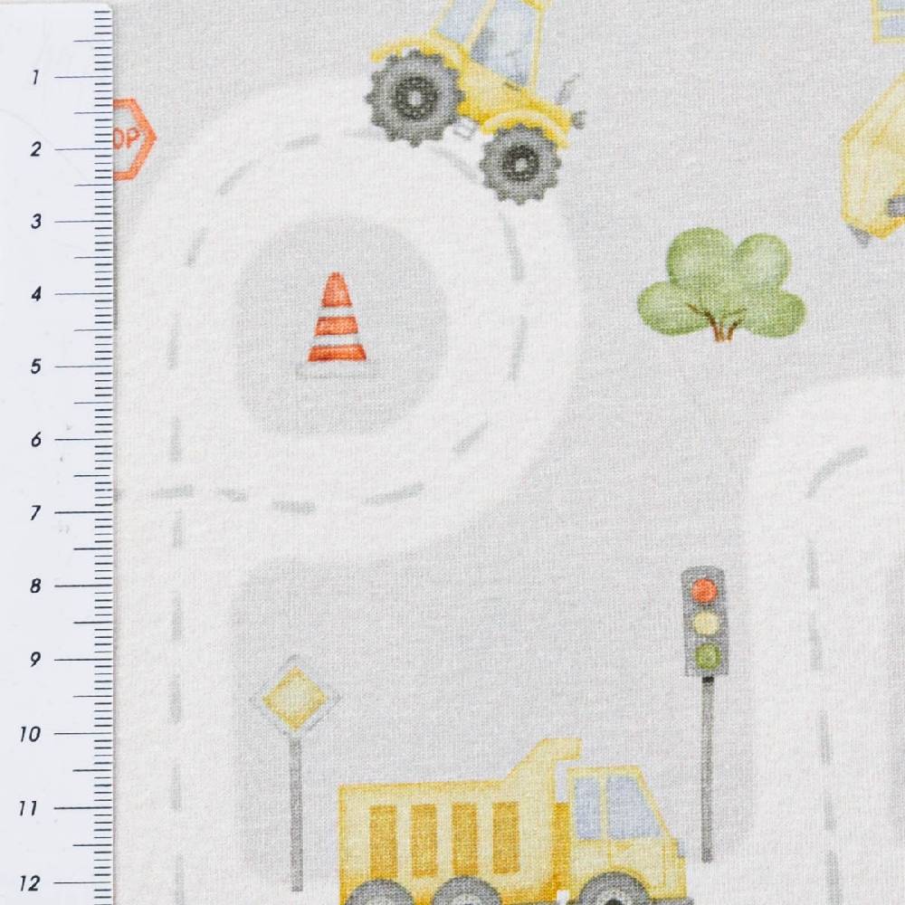 Schöner Leben Jersey Stoff Digitaldruck Aquarell Straße Baufahrzeuge grau bunt 1,4m Breite Nur noch ein Tag übrig