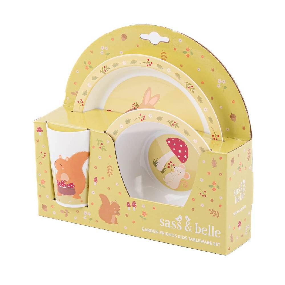 Schöner Leben Kinder Geschirrset 3-tlg. Gartenfreunde aus recycelten PET-Flaschen weiß grün braun 26,5x6,5x24,5cm von Sass & Belle Black Friday Preise