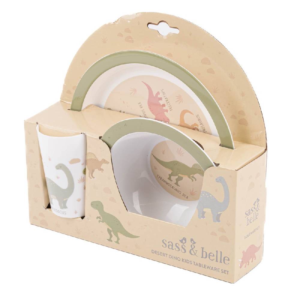 Schöner Leben Kinder Geschirrset 3-tlg. Dinosaurier aus recycelten PET-Flaschen weiß grün 26,5x6,5x24,5cm von Sass & Belle Im Verkauf