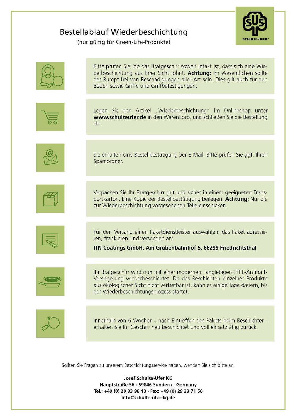 Schulte Ufer Wiederbeschichtungs-Service für Green Life Pfannen, alle Größen Tiefpreis